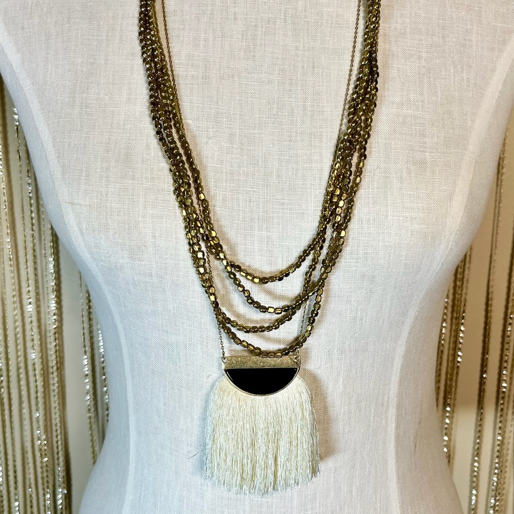 Soleil Brass Multi Layer Elegant Gold and Black Tassel Necklace